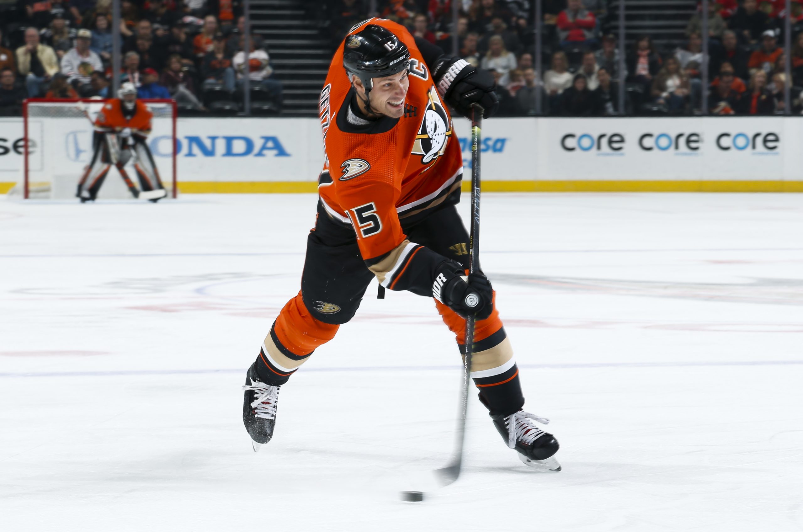 ANAHEIM, CA - NOVEMBER 3: Ryan Getzlaf #15 of the Anaheim Ducks shoots the puck during his 1,000th NHL Career game in the first period of the game against the Chicago Blackhawks at Honda Center on November 3, 2019 in Anaheim, California. Getzlaf has played all 1,000 games for the Ducks franchise. (Photo by Debora Robinson/NHLI via Getty Images)